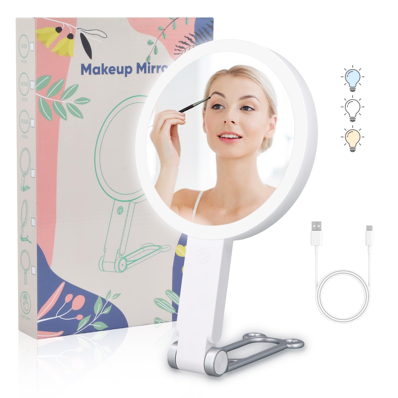Espejo Maquillaje con Luz LED, Espejo Aumento 1X/10X, Portátil y Brillo Ajustable, Recargable Espejo de Maquillaje con Luz y Aumento para Baño Viaje Depilación y Cejas Regalo Ideal (10X Blanco)