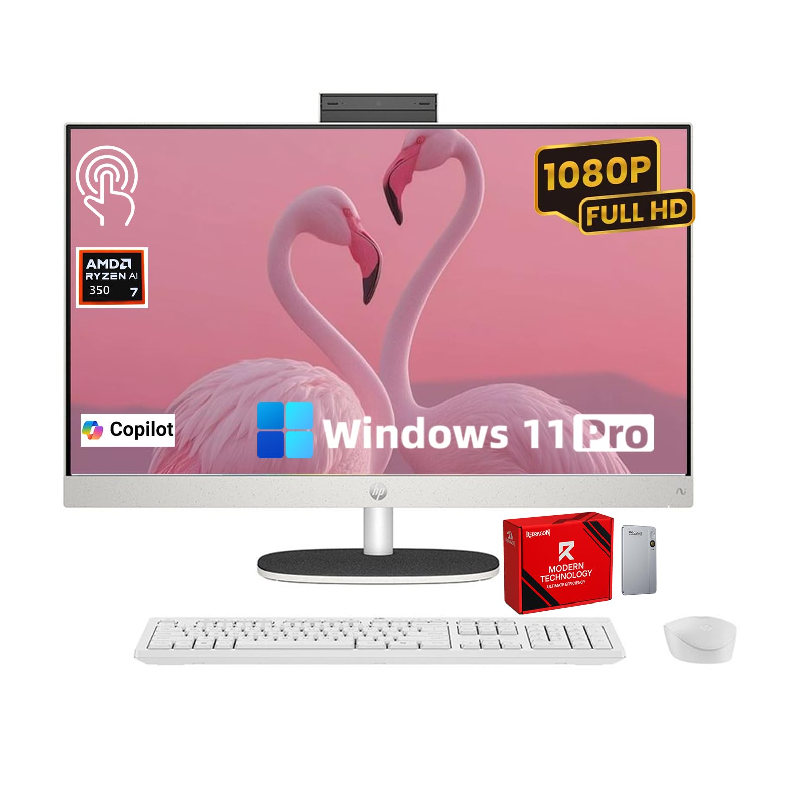 HP 27" FHD IPS Touchscreen All-in-One Desktop Computer, AMD Ryzen AI 7 350 Up to 5.0GHz, 64GB DDR5, 2TB SSD, AI Copilot+ PC, Wi-Fi 6, Bluetooth 5.4, Windows 11 Pro, Wireless Keyboard & Mouse 64 GB 2 TB