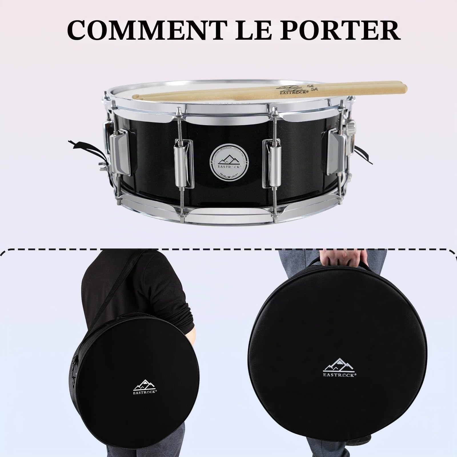 EASTROCK Caisse claire 35,6 x 14 cm pour étudiants, débutants avec sac de transport, baguettes, clé de batterie, Noir
