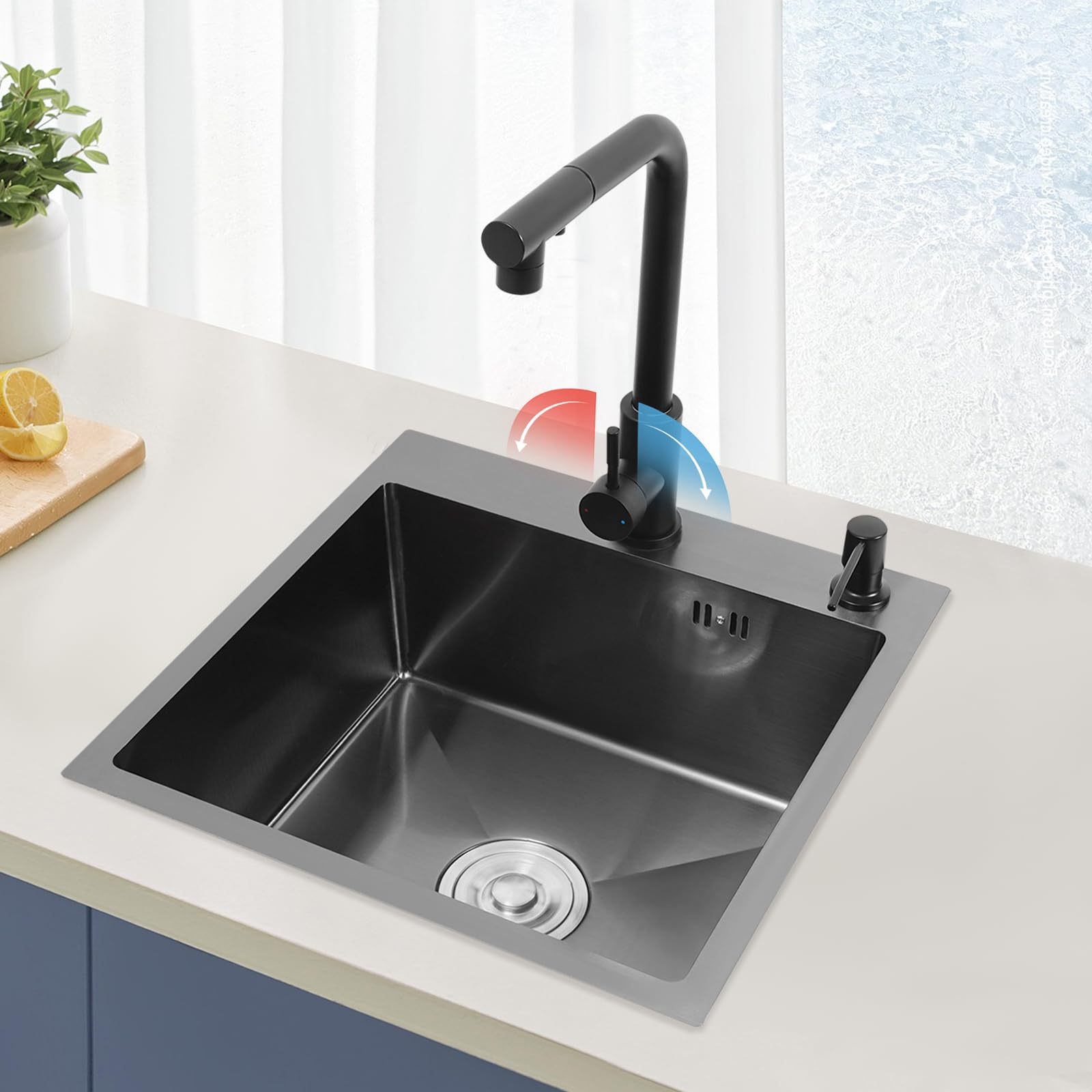 Fregadero de cocina de acero inoxidable con grifo, color negro, 45 x 45 cm, incluye grifo extensible, dispensador de jabón y desagüe