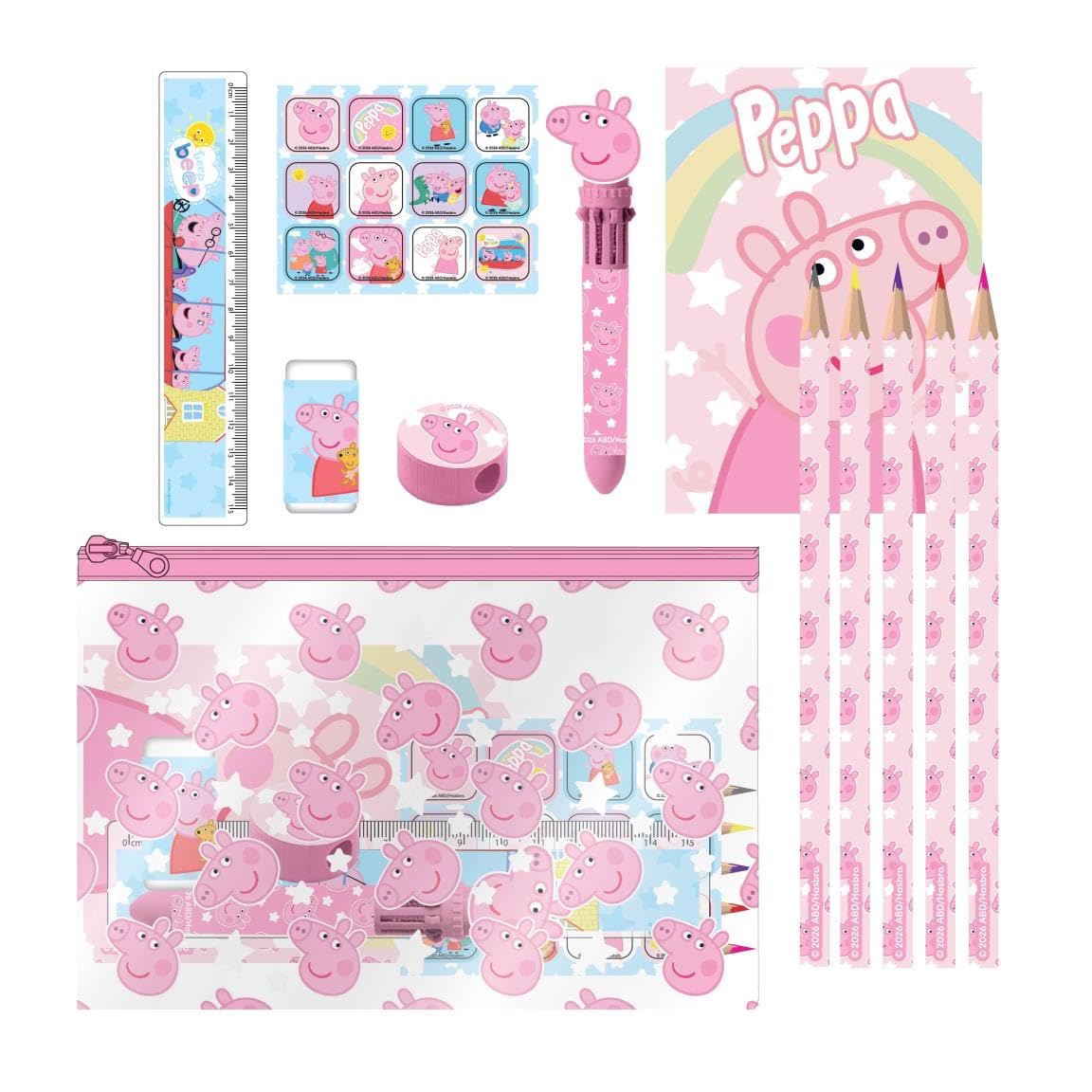Peppa Pig Stationery Set with Pencils, Eraser, Ruler, Sharpener, Notepad and Pencil Case for School