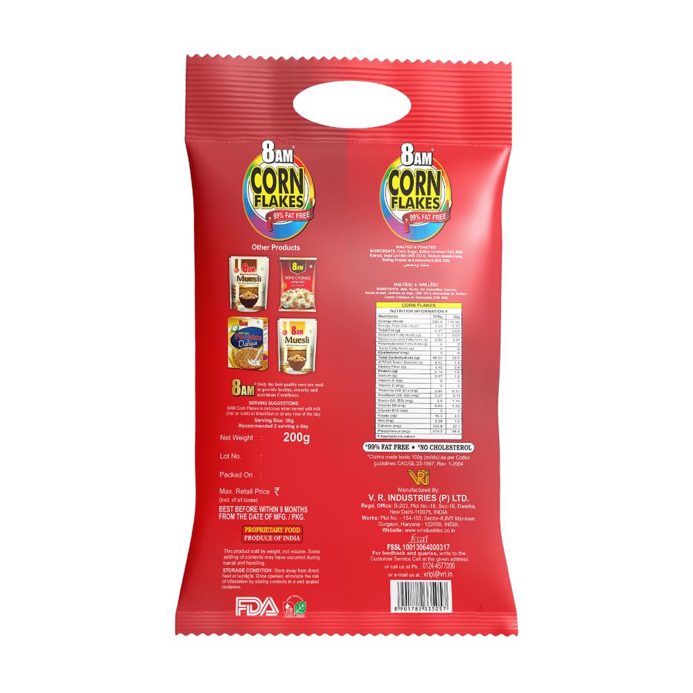 8AM Corn Flakes, Made with Golden Corns, Delicious and Nutritious Breakfast Cereals, 99% Fat Free Crunchy and Tasty Snacks for Daily Life, Include Light and Crispy Whole Grain, 500gm Pouch (Pack of 2) 1