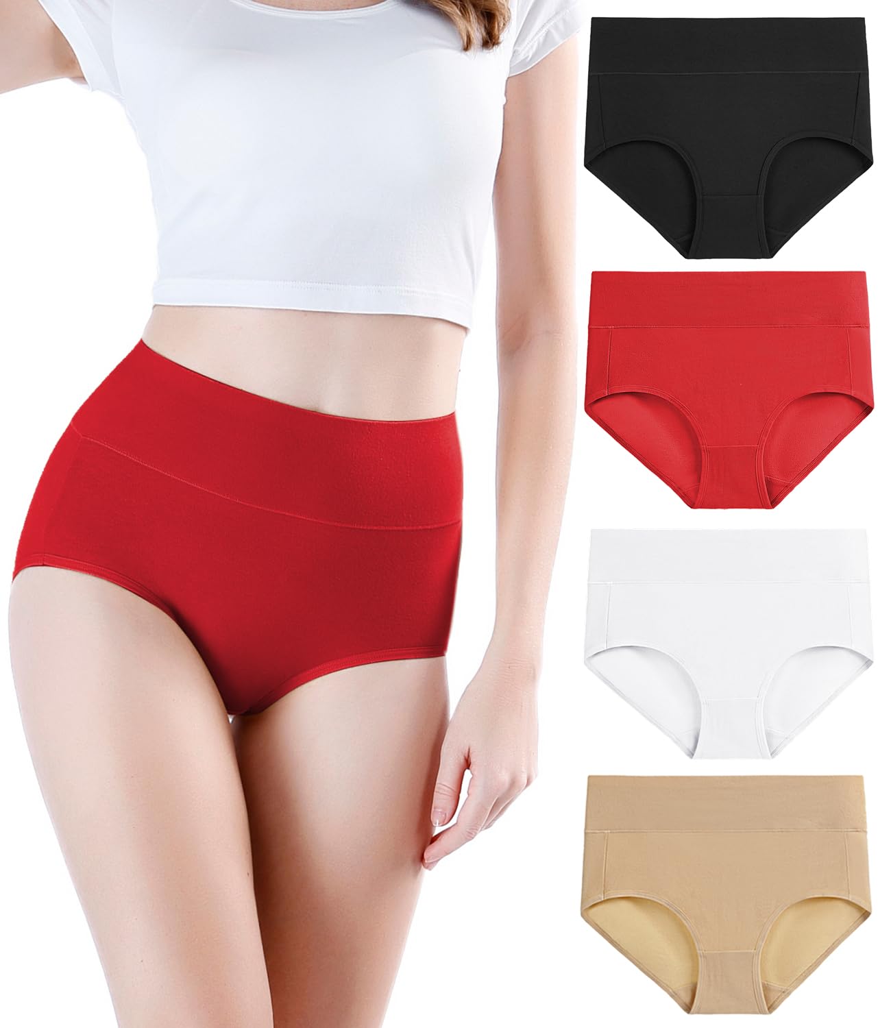 wirarpa Unterhosen Damen Baumwolle Frauen Unterwäsche Hohe Taille Slips Hoher Taillenslip 4er Pack Schwarz, Aprikose, Rot, Weiß X-Large