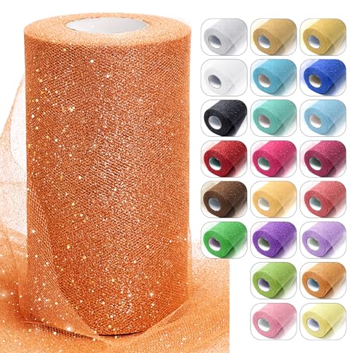 Orange Glitter Tulle Fabric Rolls 6 Inch x 50 Yards Sparkling Spool Ribbon Sequin Netting for DIY Tutu Skirt Wedding Decoration Halloween Party Backdrop Gift Wrapping Bow Craft Supplies