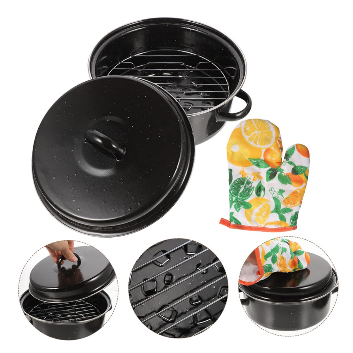 Teglia Multifunzione in Smalto Nero, Manici Ergonomici Doppi, Resistente alle Alte Temperature, per Castagne e Patate, Casa e Campeggio