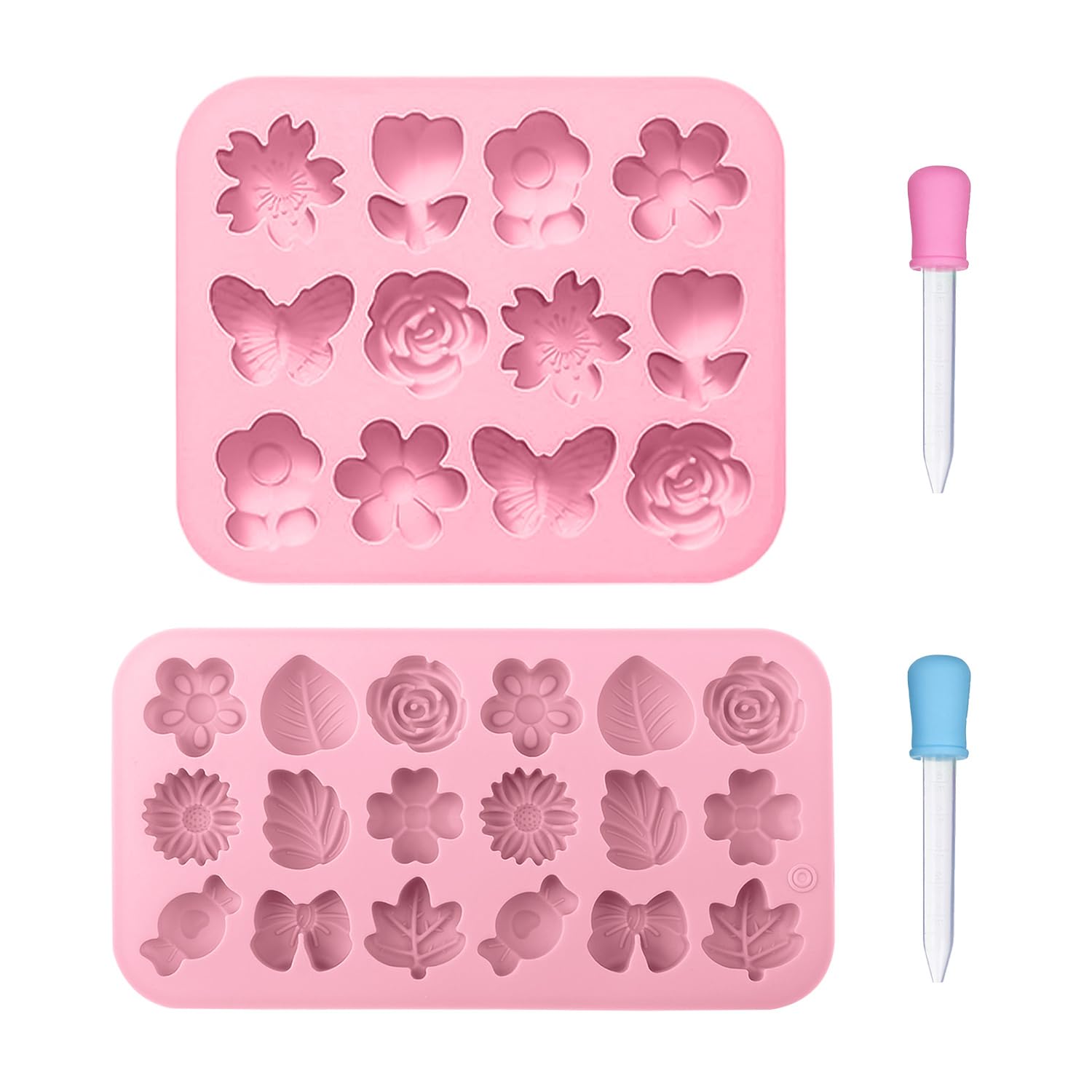 RNSKFG 2 Pieces Flower Mold And 2 Pieces Dropper, Silicone Baking Mold, With Scale Dropper, Suitable For Cakes, Biscuits, Chocolate.