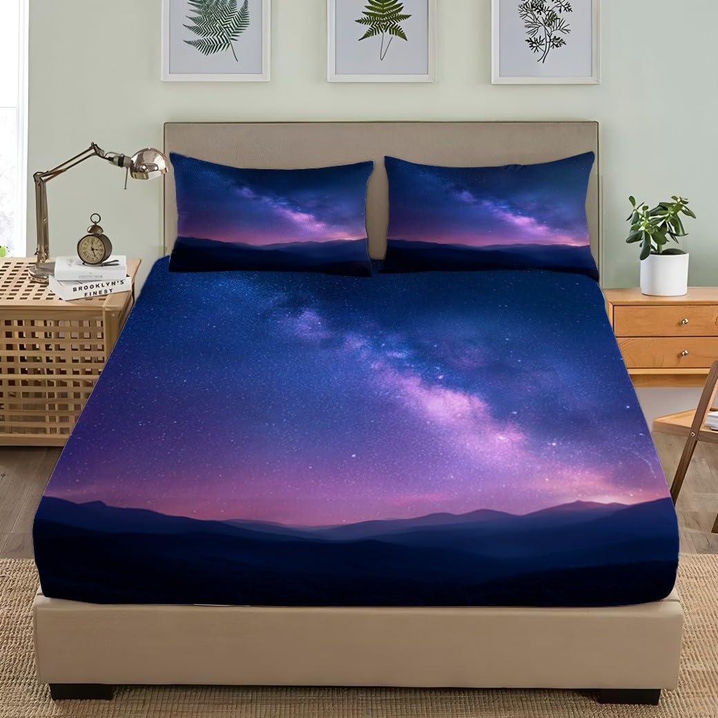 Drap Housse 200x200cm Bleu Violet Bande Élastique Réglable 2 Personnes Lit
