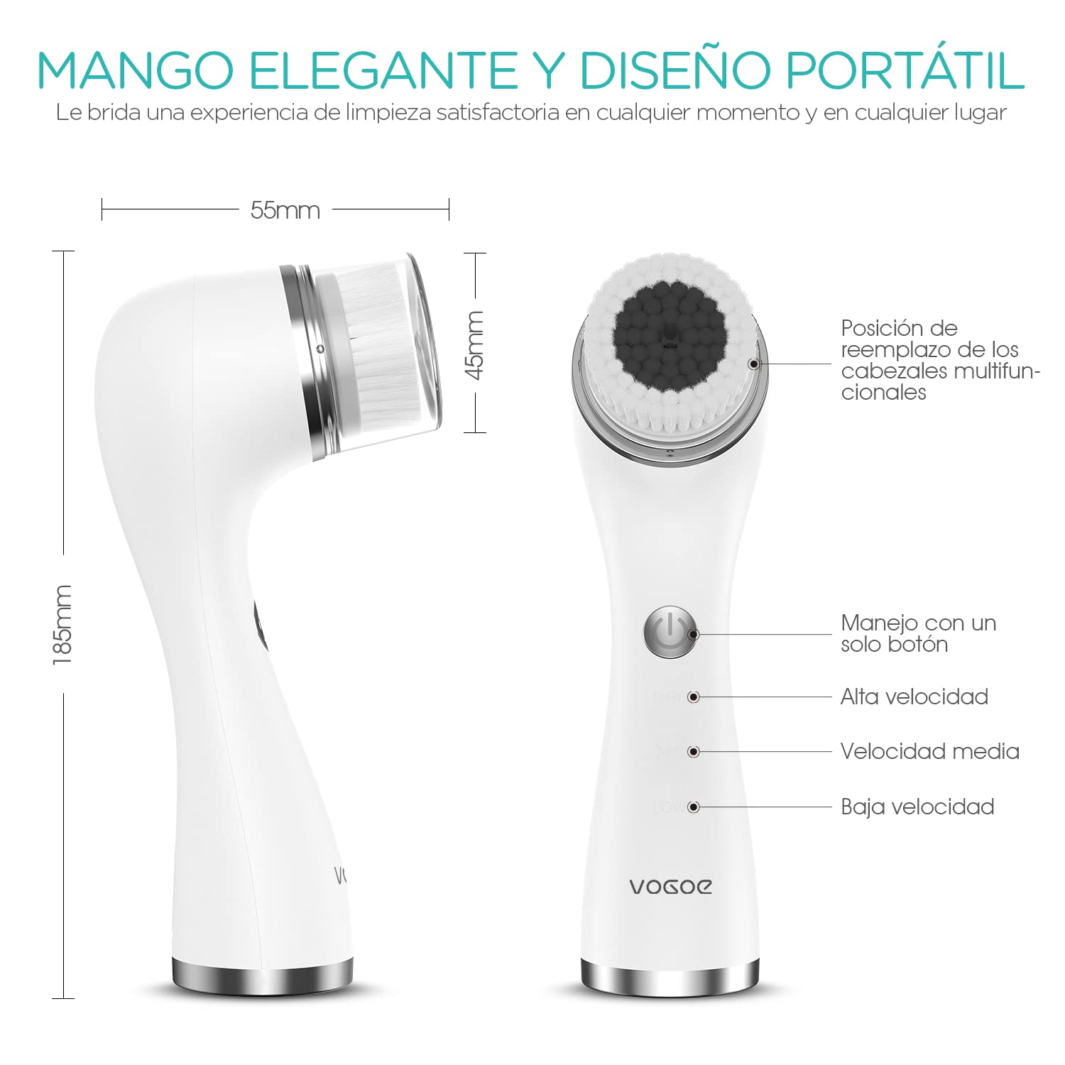 VOGOE Cepillo Limpiador Recargable, Exfoliante Giratorio IPX7, 3 Velocidades y 5 Cepillos Eléctricos para Cara y Cuerpo Limpieza Exfoliación y Masaje, Blanco