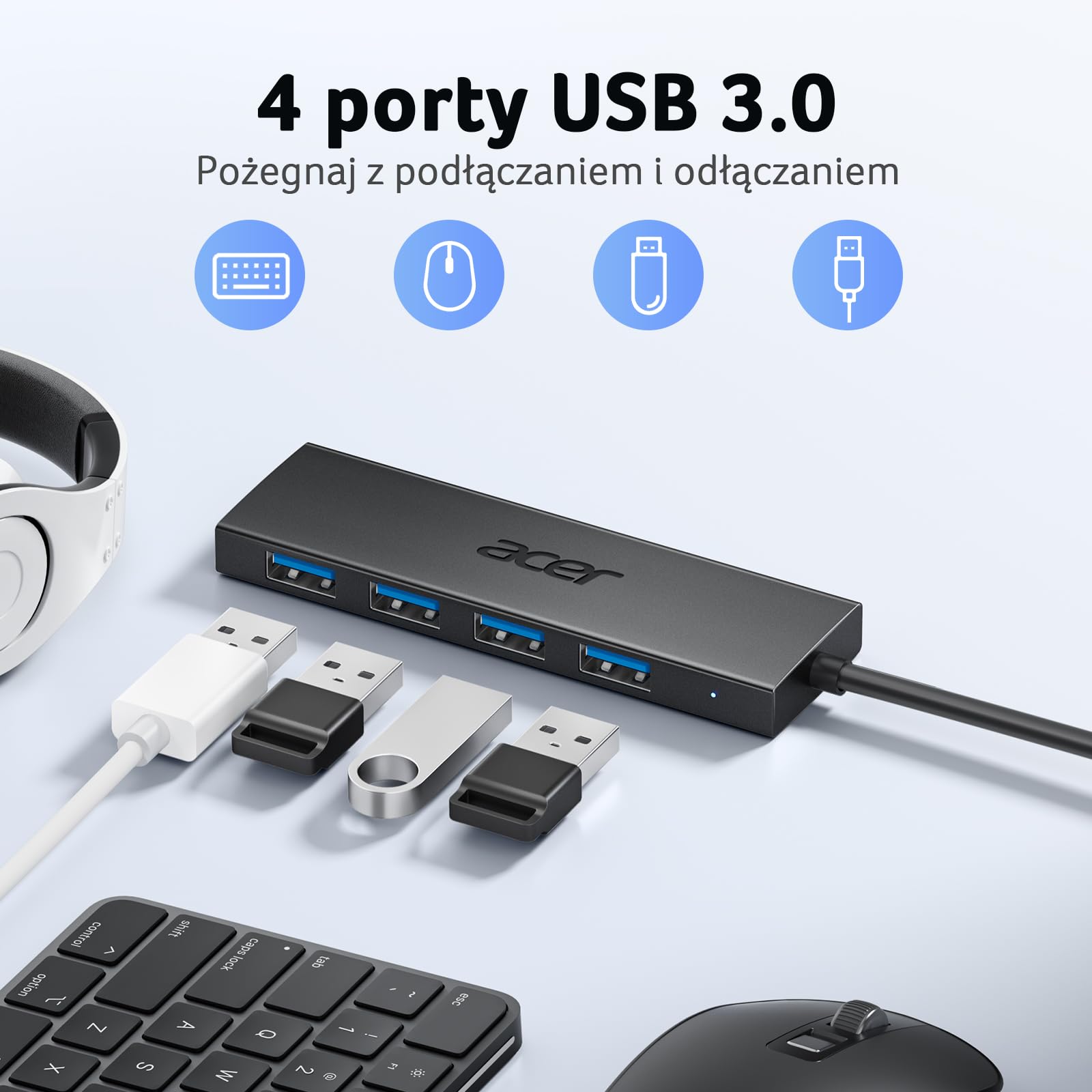 acer USB 3.0 HUB z zasilaczem USB-C, Ultra Slim Multiport Hub 4 Porty do laptopa, komputera, klawiatury, myszy, dysku twardego, MacBook Pro/Air, iMac, Surface Pro, macOS, Windows, Linux itp. - 60cm