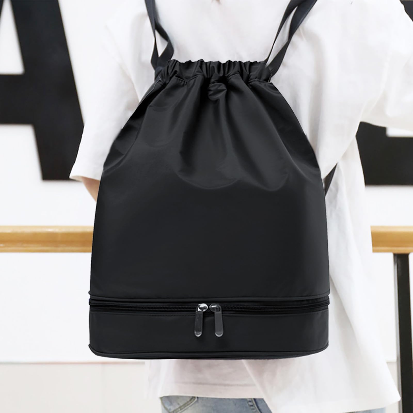 JSTHHTT Sacca Sportiva con Coulisse Impermeabile, Vano Scarpe e Scomparto, per Palestra, Scuola, Spiaggia e Nuoto, Nero