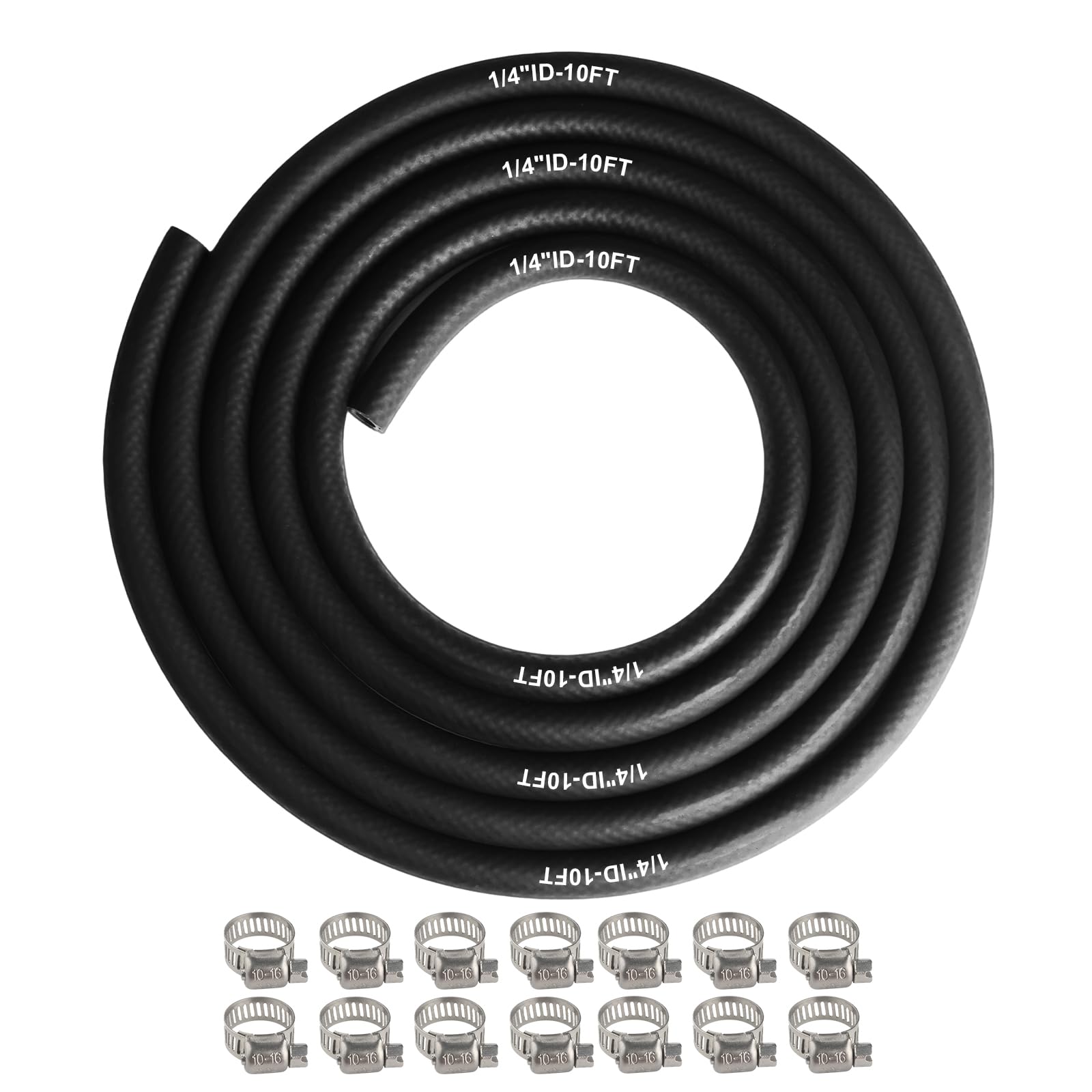 Eunice 1/4 Inch（6mm) ID Fuel Line Hose, 10 FT NBR Rubber Hose 14Pcs Clamps
