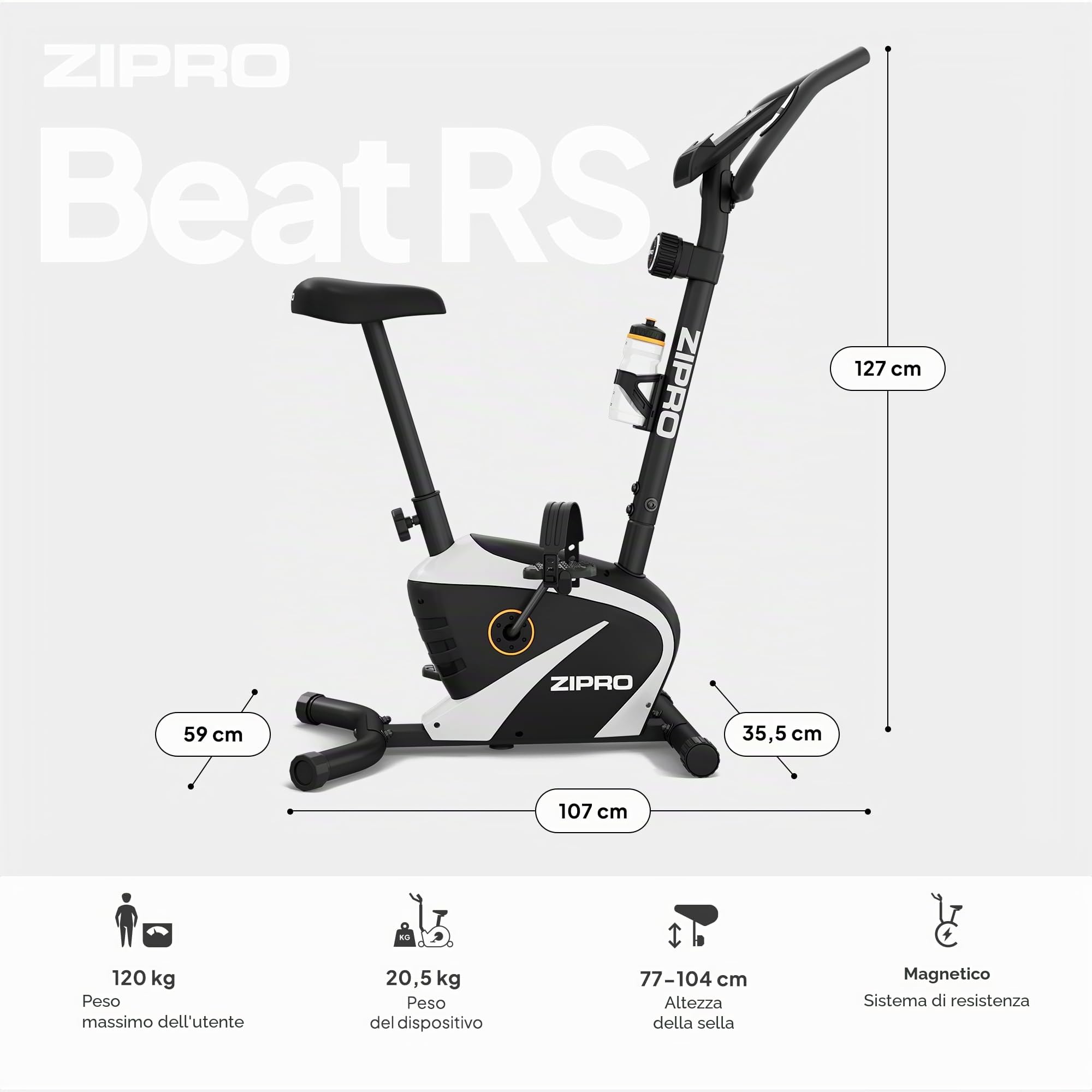 Zipro Cyclette Beat, Fitness Bike Ergometrico, Trainer Magnetico per Bicicletta, Ergometro fino a 120 kg, Bici da Interno, Cyclette per Allenamenti Domestici, Batteria Operata