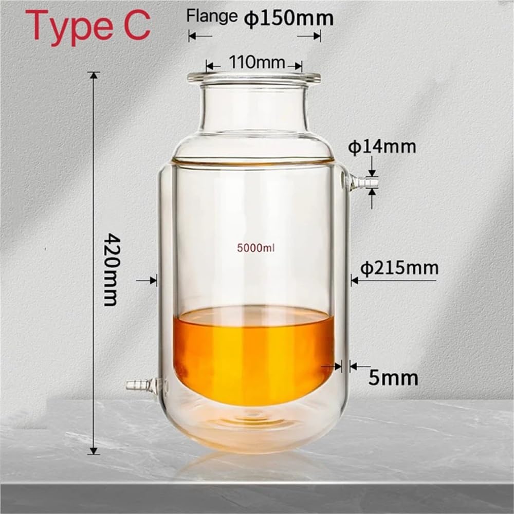 Equipos y suministros de laboratorio Matraz reactor cilíndrico de fondo plano, abierto, doble capa, con brida 150 mm y capacidad 5000 ml