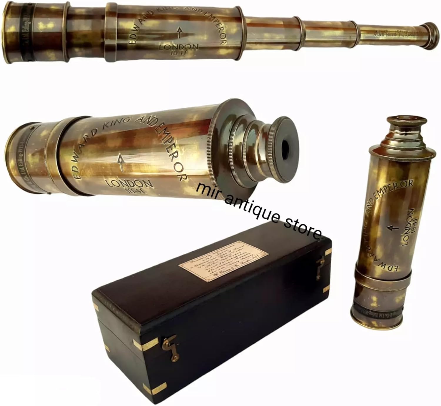 25-Inch Antique Brass Handheld Telescope with Wooden Box – Vintage London 1841 Spyglass, Maritime Collector’s Piece with Functional Optics, Nautical Gift & Home Décor