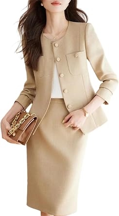 Womens Two-Piece Formal Suit Set Round Neck Buttoned Blazer and Skirt Office Set