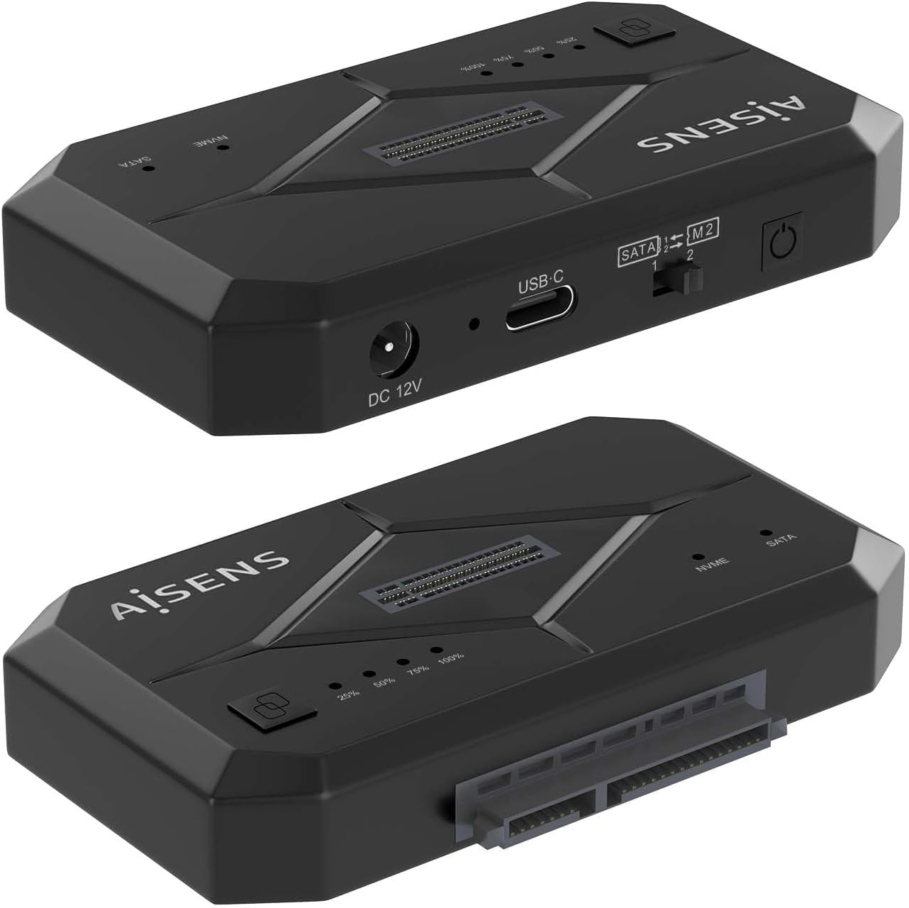 Ġenb view of the AISENS ASDS-M2SATA04B Dockstation showing USB-C port, DC 12V input, and SATA/M.2 switch