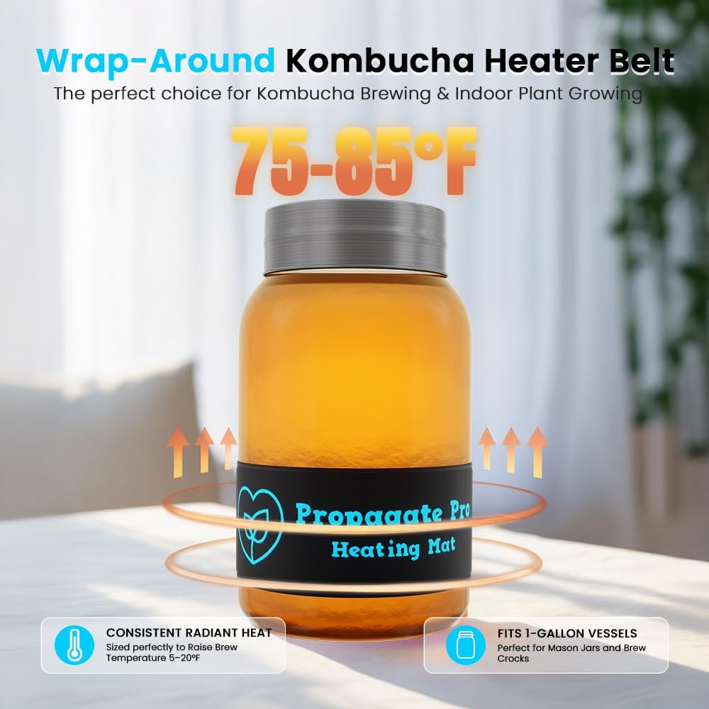 Wrap Around Kombucha Heater Belt | Propagate Pro Brewing and Fermentation Heat Mat Warmer | Keeps Your SCOBY Happy and Productive with Stickon Thermometer