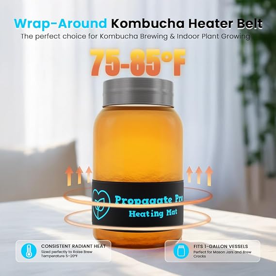Wrap Around Kombucha Heater Belt | Propagate Pro Brewing and Fermentation Heat Mat Warmer | Keeps Your SCOBY Happy and Productive with Stickon Thermometer