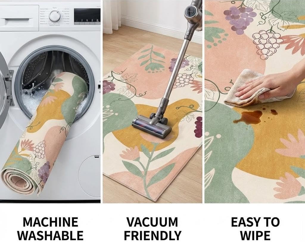 5x7 Area Rug for Living Room, Boho Cream sage Green Pink Abstract Grapes & Floral Botanical Pattern, Non Slip Washable Backing, Foldable Machine Washable Rug Bedroom Dining Room