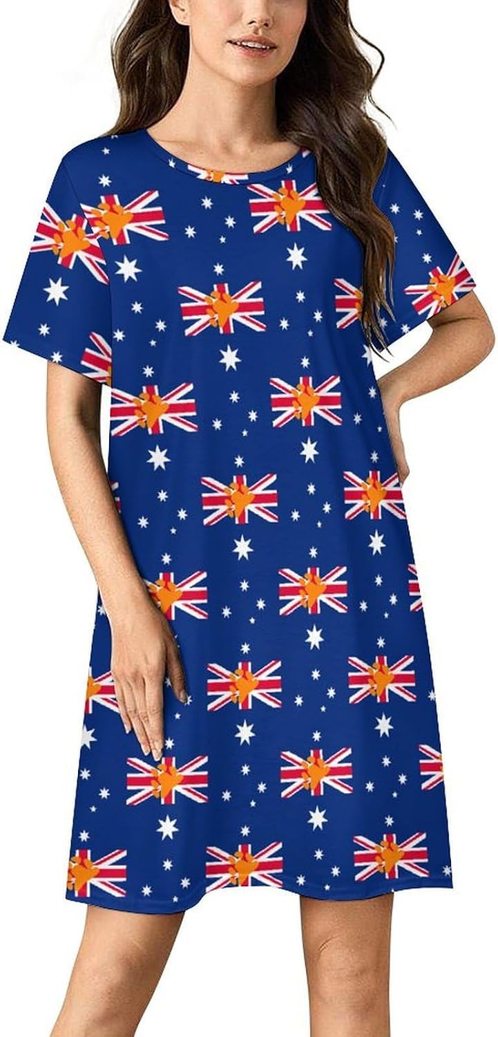 Bear Proud Flag of Australia Nightgowns for Women Short Sleeve Sleep Dress Casual Sleepshirt Night Gowns Pajamas