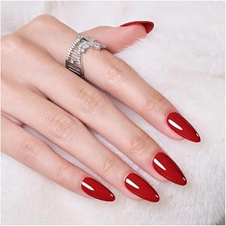 Wooyas Red Press on Nails Almond,Handmade Stiletto Glossy False Nails Reusable Salon Perfect Stick on Nails 24 Pcs Soft Gel Glue On Nails Kit for Women Christmas Gift