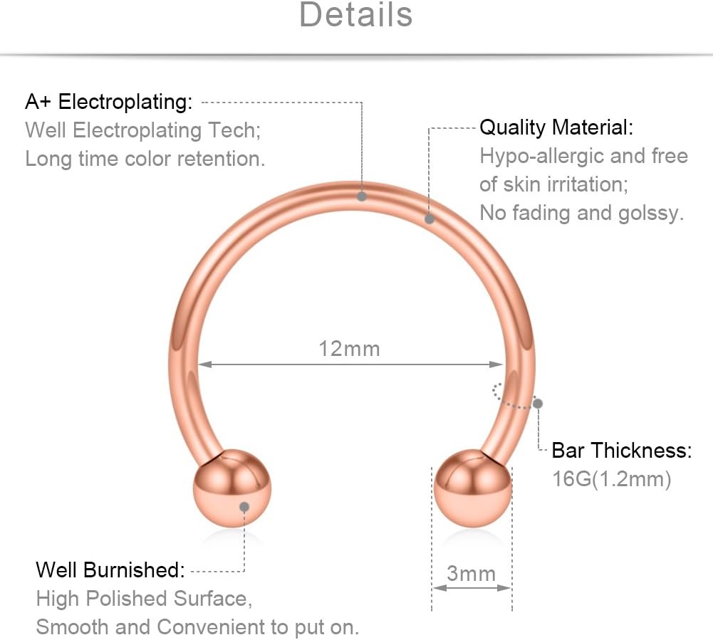 SCERRING 8PCS 16G Stainless Steel Nose Septum Horseshoe Earring Eyebrow Septum Lip Helix Tragus Piercing Ring 6-12mm image 2