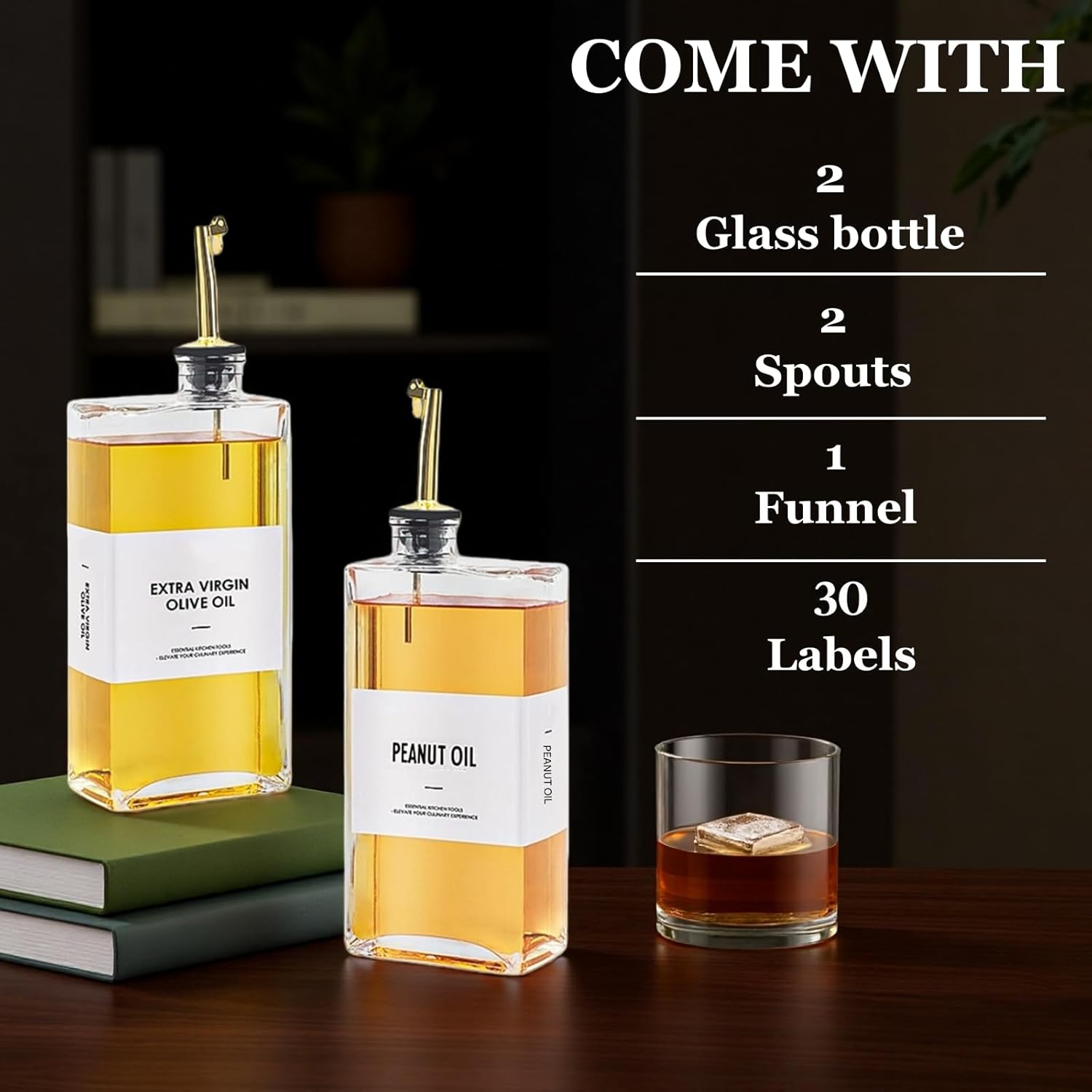 Olive Oil Dispenser Bottle for Kitchen, Oil,Syrup and Soy sauce Dispenser Set,Book Shape Design Glass Oil bottle, Durable, Leak-Proof, Easy-Pour Spouts | Set of 2 (Golden, 350, Milliliters)