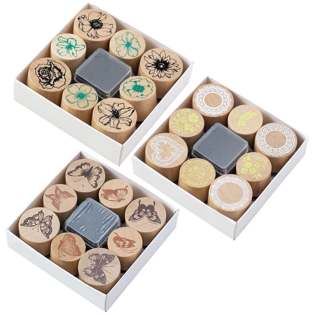 Wooden Rubber Stamps, 8pcs/sets Vintage Flowers Butterfly Wooden Stamps, Decorative Wooden Rubber Stamps Set for Craft Scrapbook Card Making Diy Painting