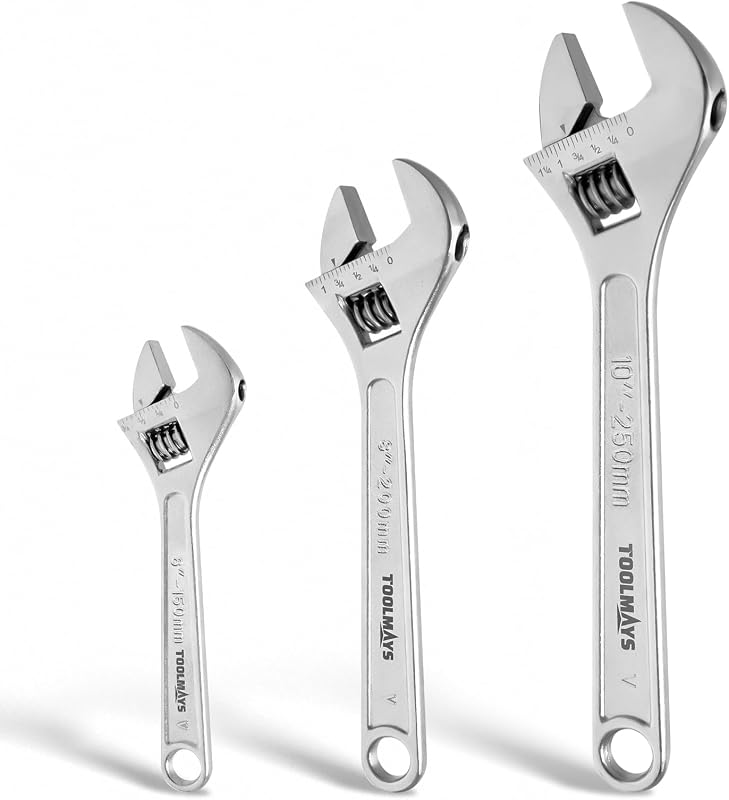 Kit de Chaves Ajustáveis TOOLMAYS em Aço Cromo-Vanádio 15,2 cm, 20,3 cm e 25,4 cm com Acabamento Cromado, 3 Peças