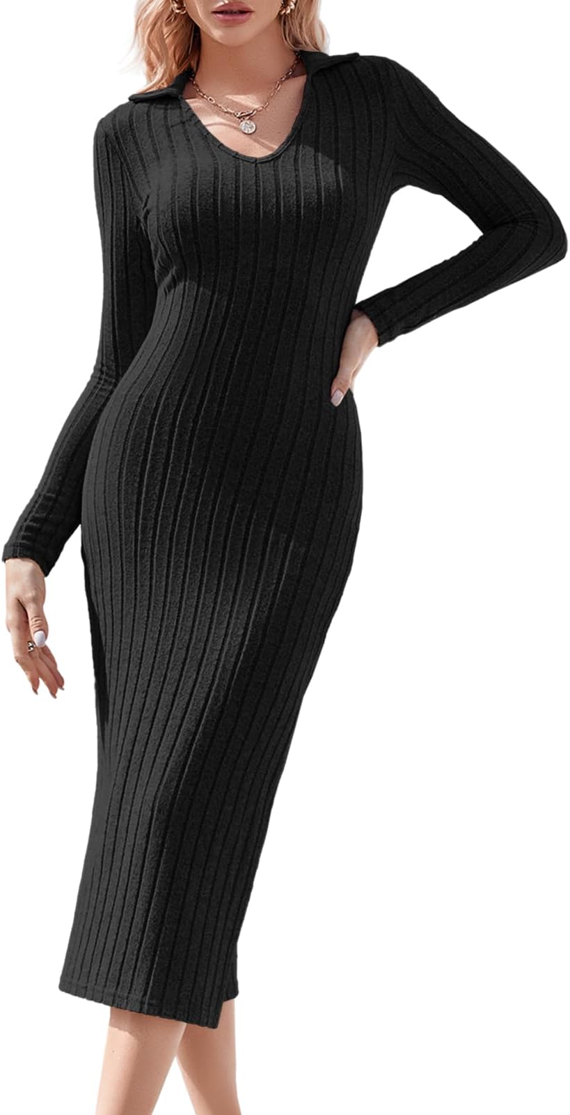 Wenrine Women's Long Sleeve Knit Dress V Neck Ribbed Lounge Bodycon Midi Dresses