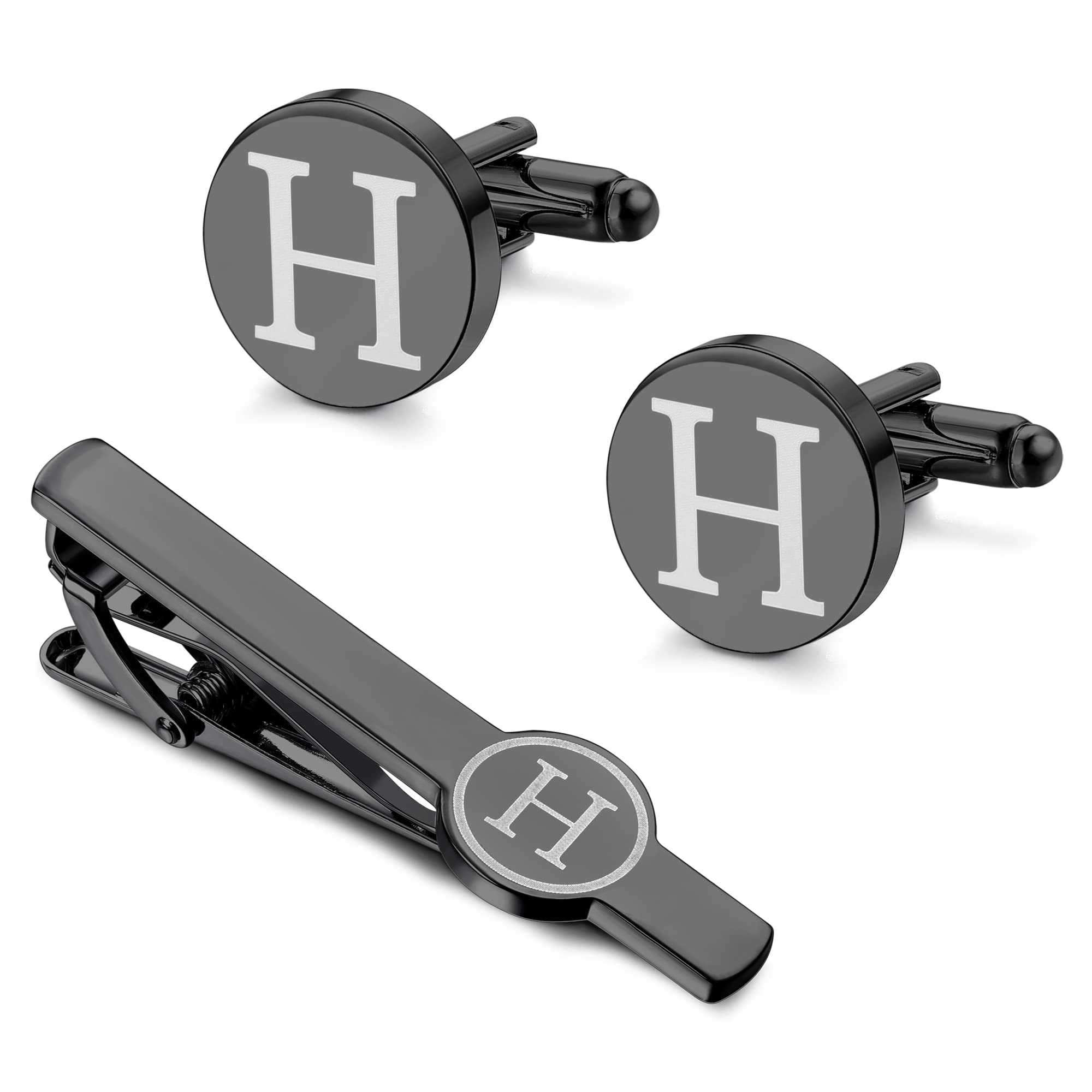 Morfetto Juego de Gemelos Iniciales y Clip de Corbata para Hombre, Gemelos Negros Personalizados y Barra de Corbata, Alfabeto, Letra, A-Z, Regalo con Caja para Padre, Esposo, Padrinos de Boda