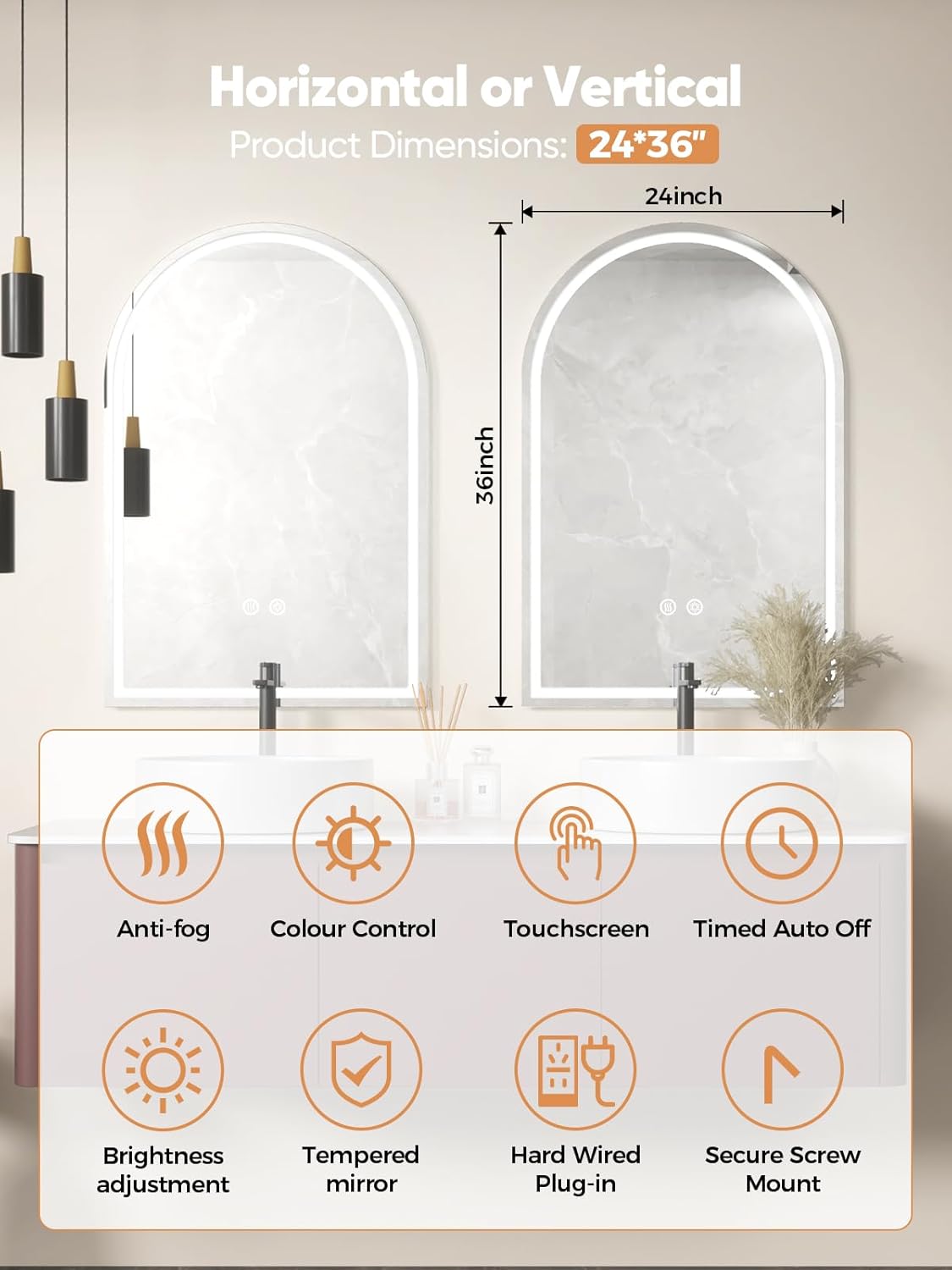Arched LED Bathroom Mirror 24"x36", Vanity Mirror with Lights, Anti-Fog Lighted Makeup Mirror for Bathroom, Dimmable, Shatter-Proof Tempered Glass, 3-Color Light, Memory Function, UL Listed