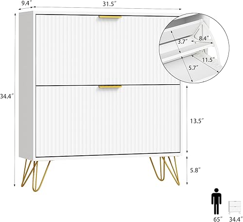 Miniatura 2 de Armario de almacenamiento de zapatos con 2 cajones abatibles, gabinete de zapatos estriado de 31.5 pulgadas de ancho para entrada, almacenamiento