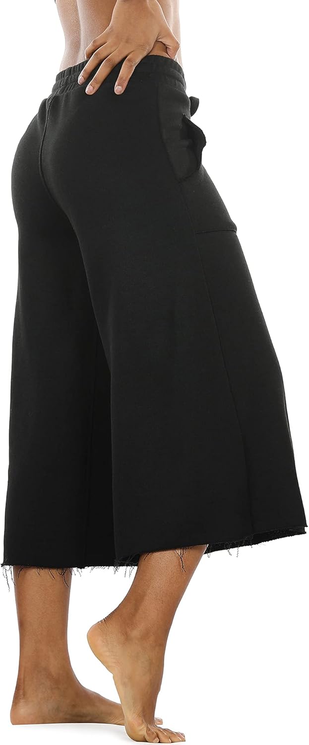 icyzone Culottes Capri Pants for Women - Elastic Waist Wide Leg Joggers Casual Lounge Cotton Sweatpants with Pockets : Clothing, Shoes & Jewelry