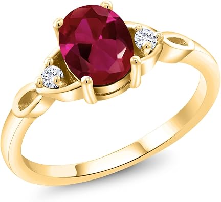 Gem Stone King 18K Yellow Gold Plated Silver Gemstone Birthstone and White Moissanite 3-Stone Ring for Women | Oval 8X6MM with 2MM Round Accents | Three Stone Wedding Anniversary Engagement Promise