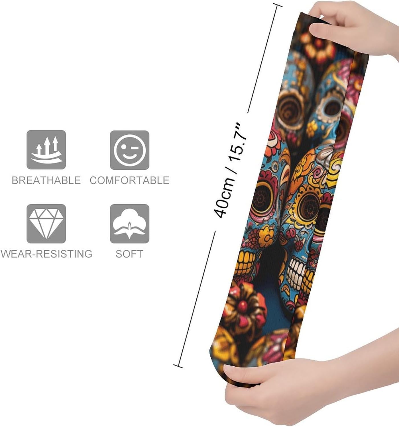 Breathable Crew Sock, Moisture Wicking, Athletic Calf Socks, Cozy | Colorful Sugar Skulls Compression Socks for Women Men, Lightweight High Work Socks for Business, Casual