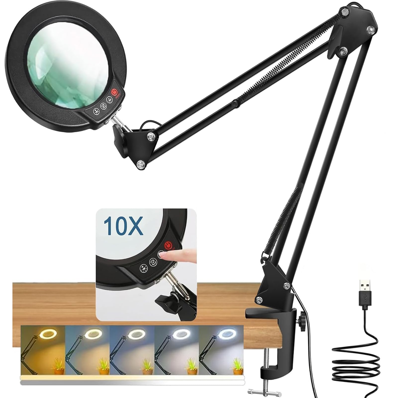 SAMMOO 10X Magnifying Glass with Light - Swing Arm LED Desk Lamp with 5 Colors Mode, Reading Light Ring Light with Clamp for Repair Crafts Close Work