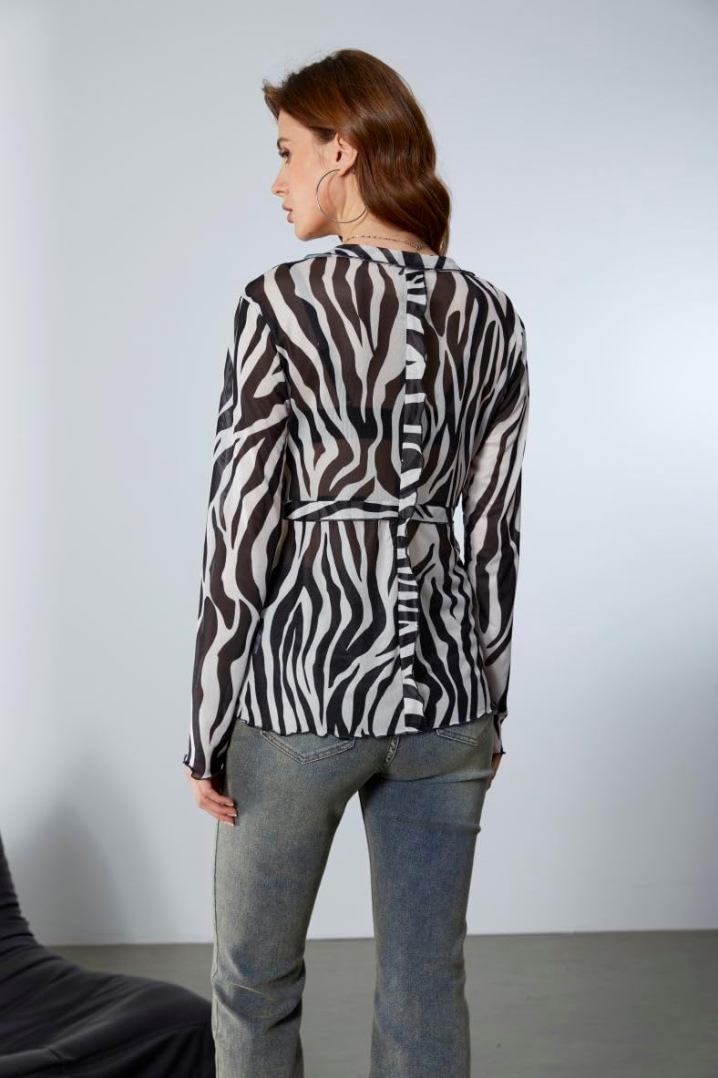 Milumia Women's Zebra Striped Tie Front Sheer Tee Top V Neck Long Sleeve T Shirts - Image 2