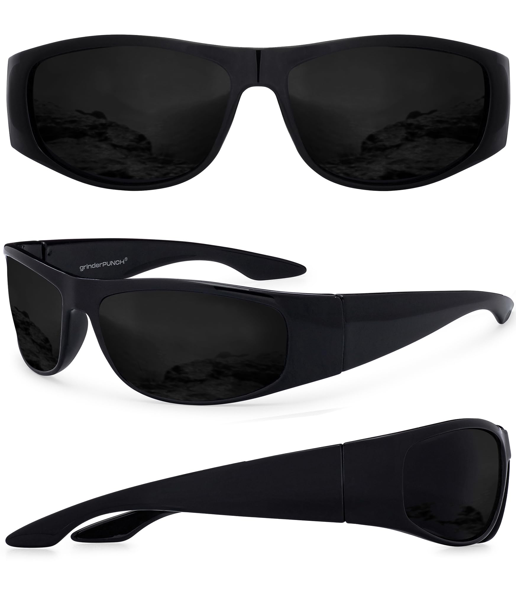 grinderPUNCH Gafas de sol negras con lente súper oscura | Jinete estilo motorista | Marco envolvente (negro)