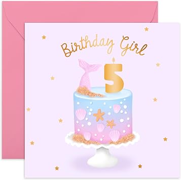 CENTRAL 23 Girl Birthday Card Age 5-5th Birthday Birthday Card for Daughter - Cute Mermaid Cake - Happy Birthday Cards for Her Kids - with Cute Stickers