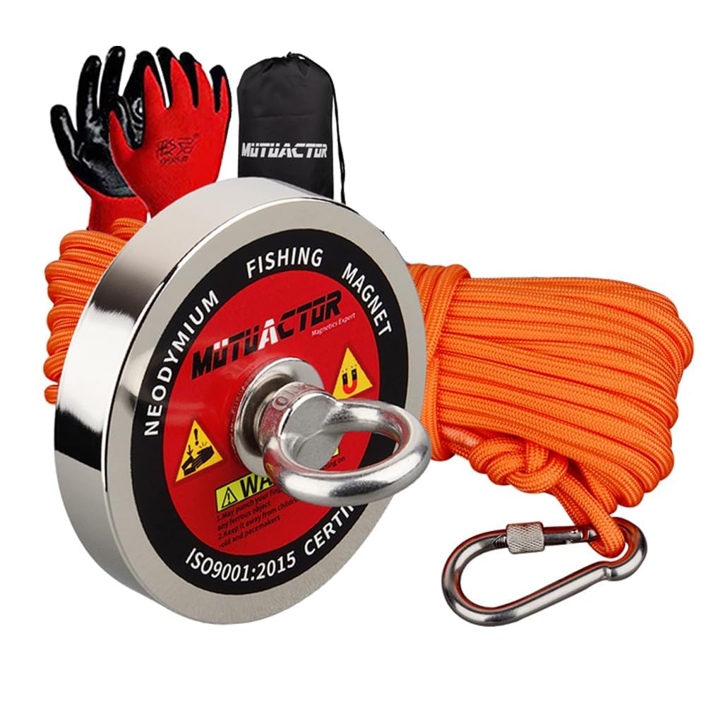 MUTUACTOR Kit d'aimant de pêche 600KG aimant de récupération puissant N52 avec corde durable de 20 m (66 pieds) pour la pêche à l'aimant et la récupération magnétique sous l'eau …