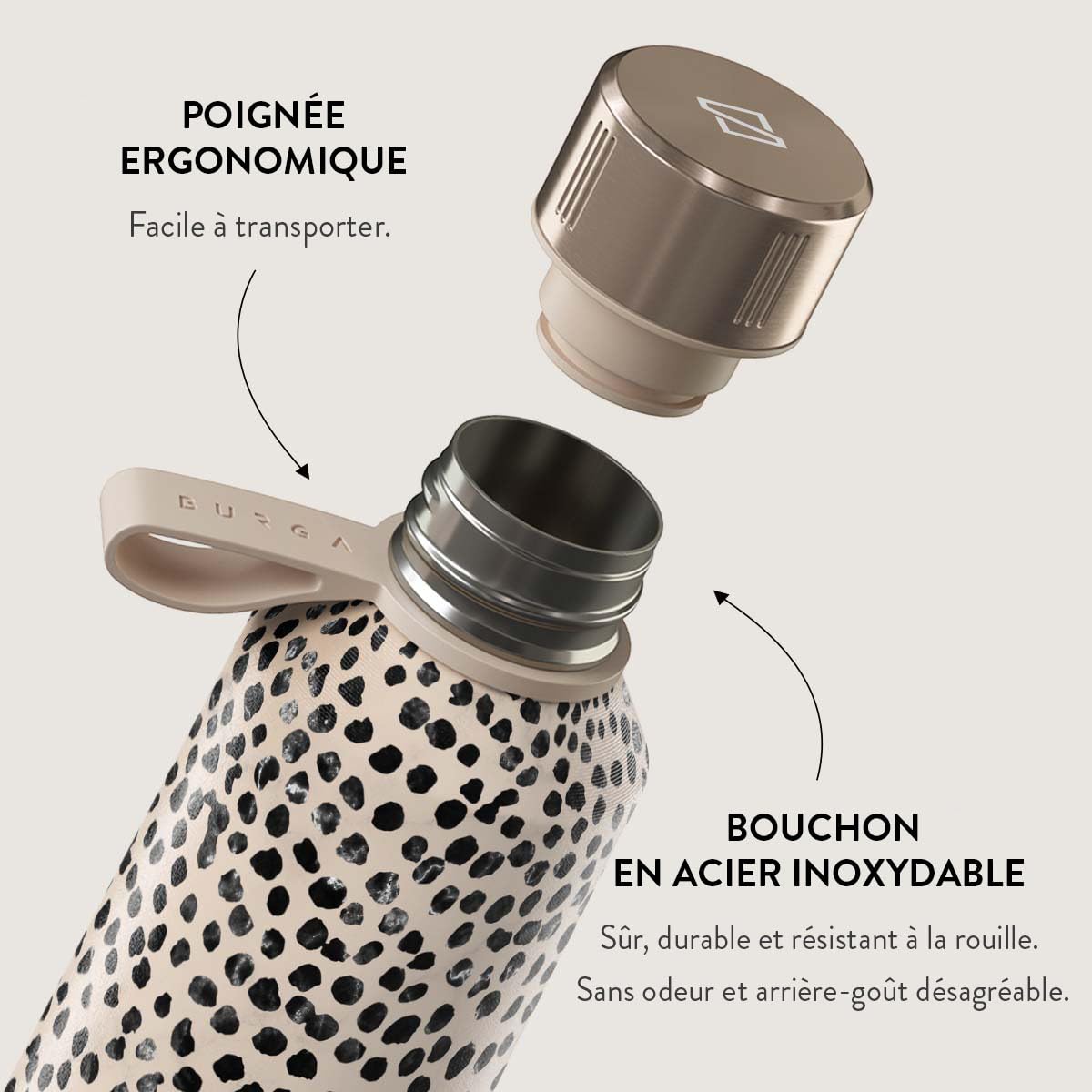 Burga Bouteille d’Eau 800 ml – Bouteille Isotherme en Acier Inoxydable, garde les boissons chaudes et froides 24 h, étanche, sans BPA, compatible porte-gobelets, bouteille réutilisable