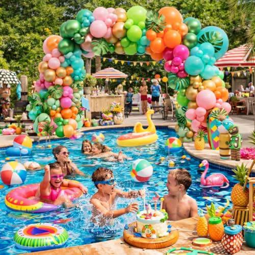 Image of Flamingo Hawaiian Tropical Balloon Garland Arch Kit,161 Pcs Fruit Green and Hot Pink Aqua Blue Orange Gold Balloons for Hawaii Summer Beach Pool Luau Birthday Baby Shower Party Decorations