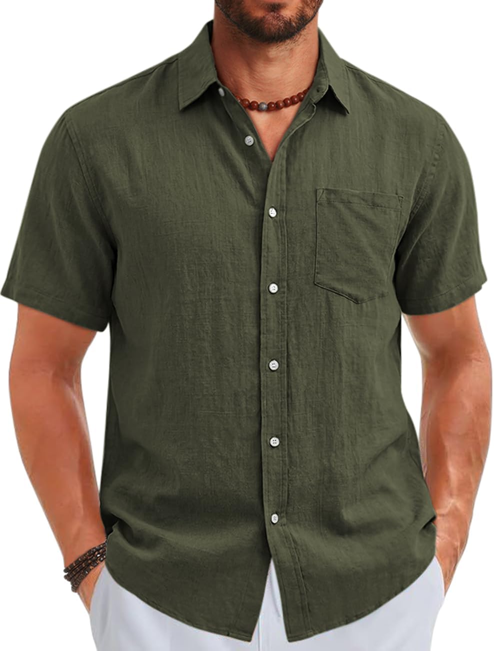 TARSE Men’s Linen Blend Untucked Button Down Shirt Short Sleeve Casual Breathable Beach Vacation Shirt
