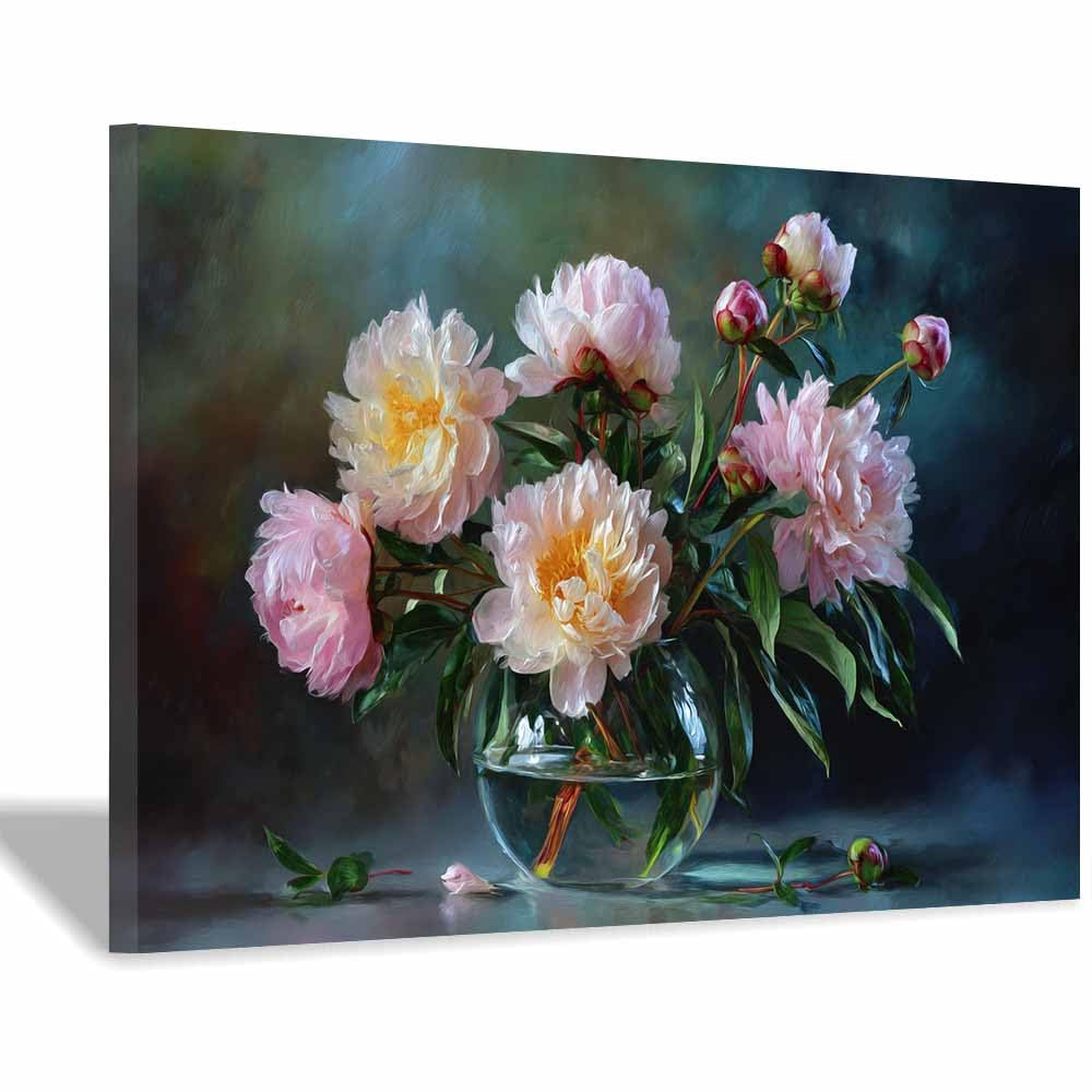 Hoqiu Multicolor Canvas Wall Art Vase Of Pink Peonies Artwork, Wall Decoration Living Room Bedroom Hallway Stairs Decoration.(Multicolor)-70X100cm Framed