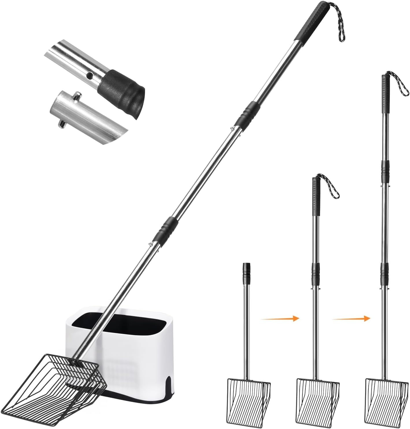 PETOCAT 43" Extendable Metal Cat Litter Scoop with Holder - Durable Long Handle Pooper Scooper for Litter Box, Deep Shovel Fast Sifting Clumps
