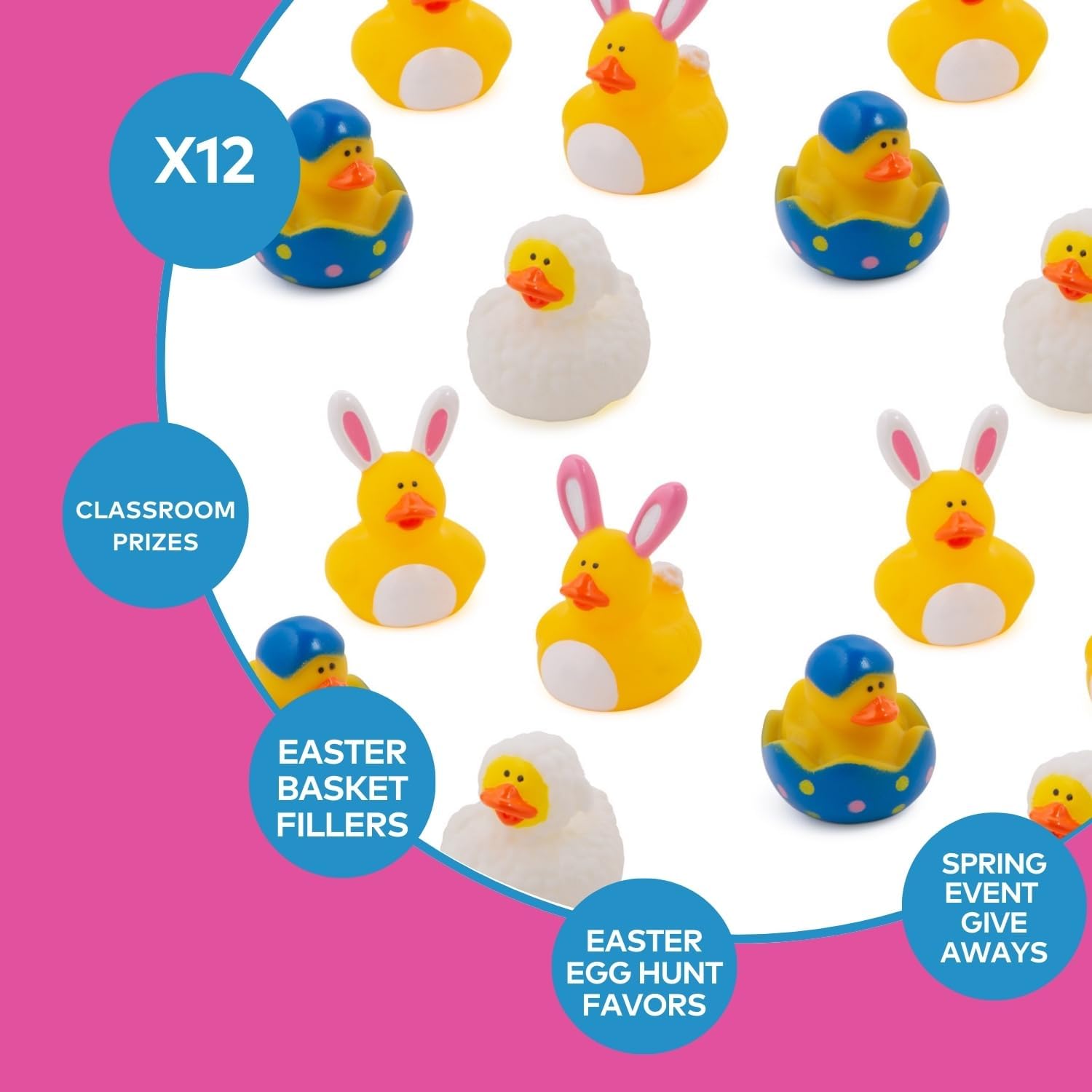 Fun Express Easter Bunny Rubber Duckies, Holiday Toys and Decorations, Treasure Chests Supplies - Pastel (Pink, Yellow, Blue) - 12 Pieces