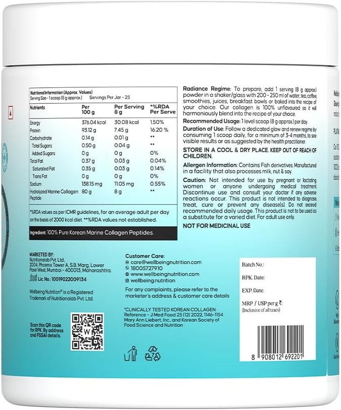 WELLBEING NUTRITION Pure Korean Marine Collagen Supplements for Women & Men, 200g | Hydrolyzed Collagen Powder and Amino Acids | Supports Healthy Skin, Hair, Nails, Bone & Joint | Unflavored