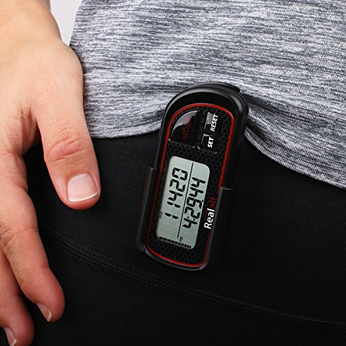 Realalt 3D Pedometer with Clip and Strap P08R| Best Pedometer for Walking with 30-Days Memory. Accurately Track Steps, Calories, Distance Miles/Km & Daily Target Monitor for Men & Women