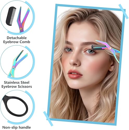 Miniatura 3 de Tijeras de cejas 2 en 1 con peine, cortador de cejas de acero inoxidable de precisión, tijeras de aseo antideslizantes para hombres y mujeres